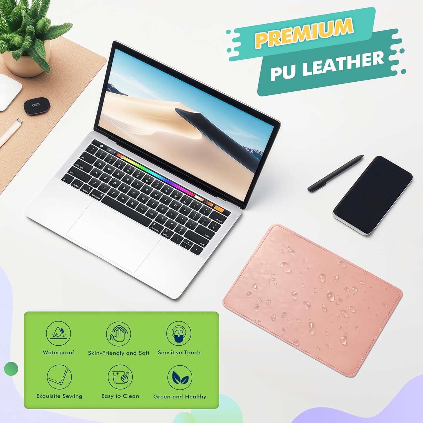 Mouse Pad, PU Mouse Pad,Leather Mouse Pad with Stitched Edge Micro-Fiber Base with Non-Slip Waterproof,Mouse Pad for Computers,Laptop, 8X11Inch (Light Pink)