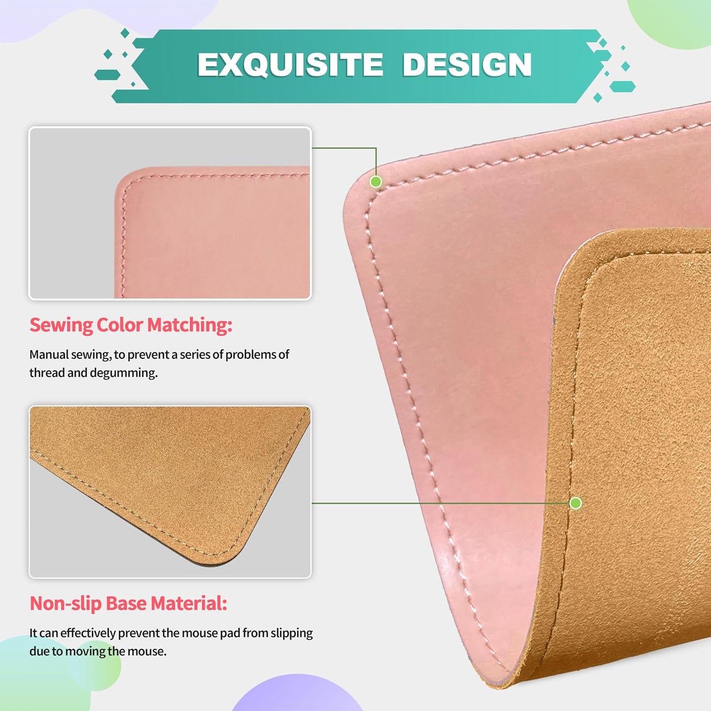 Mouse Pad, PU Mouse Pad,Leather Mouse Pad with Stitched Edge Micro-Fiber Base with Non-Slip Waterproof,Mouse Pad for Computers,Laptop, 8X11Inch (Light Pink)